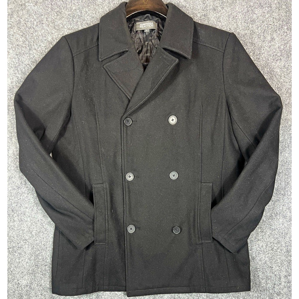Kenneth Cole Reaction Men's Black Wool Pea Coat Double-Breasted Lined L 44"
